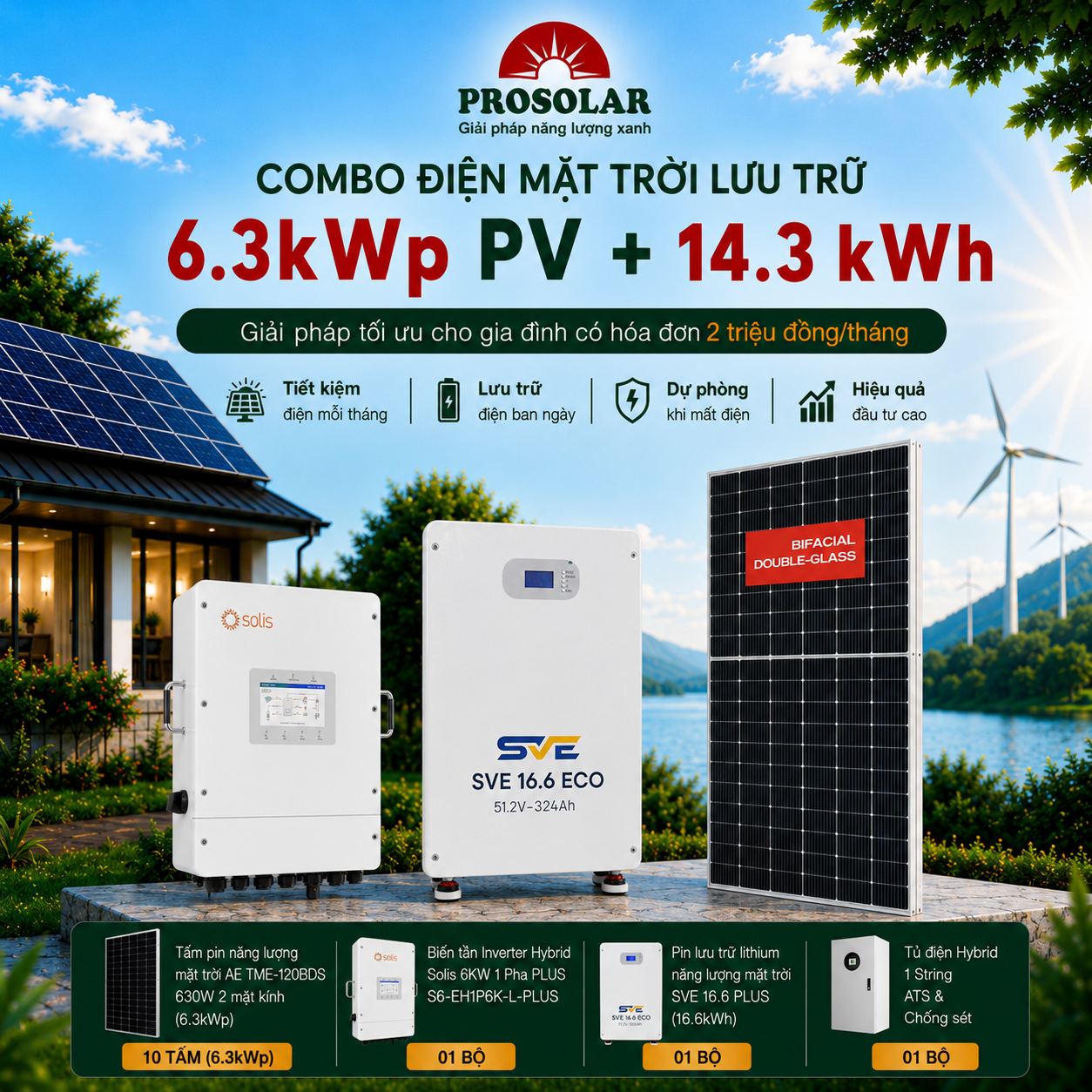 Combo Hybrid 6.3kWp - Lưu Trữ 14.3kWh (AE Solar & Solis & Dyness) - Hoá đơn 2 triêu/tháng